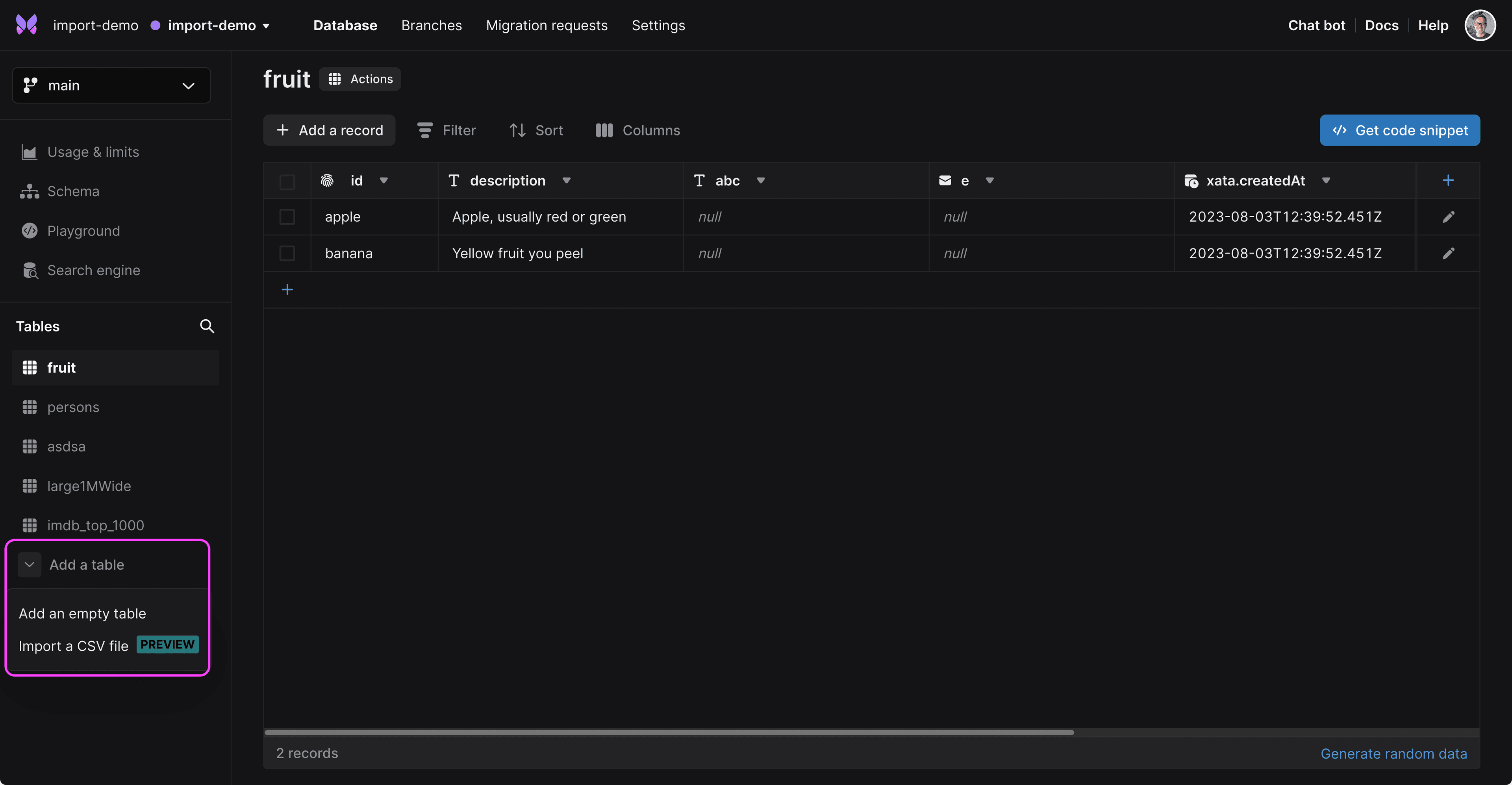 Import a CSV file from the sidebar